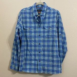 Orvis Mens Shirt Large Active Fit Plaid Button Front Blue